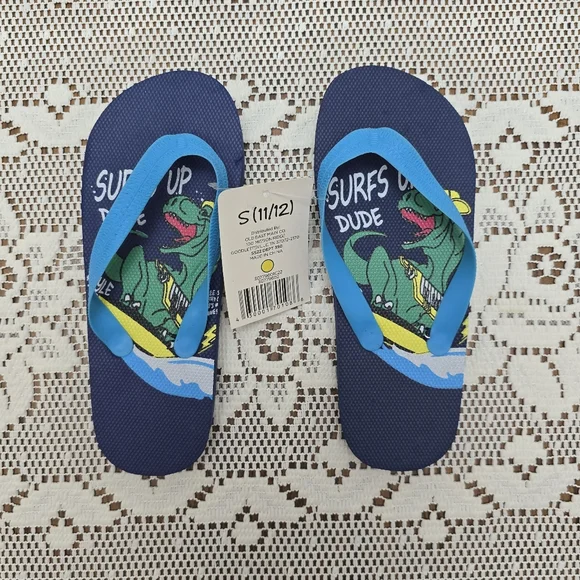 2pk NWT Boys Sandals Blue T-Rex Dinosaur Flip Flops And Black Slide Shoes 11 12 - Picture 2 of 7